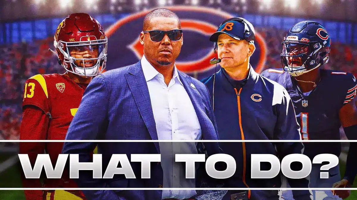 GM Ryan Poles in the middle, Coach Matt Eberfuls, Justin Fields, and Caleb Williams around him, and Chicago Bears wallpaper in the background.
