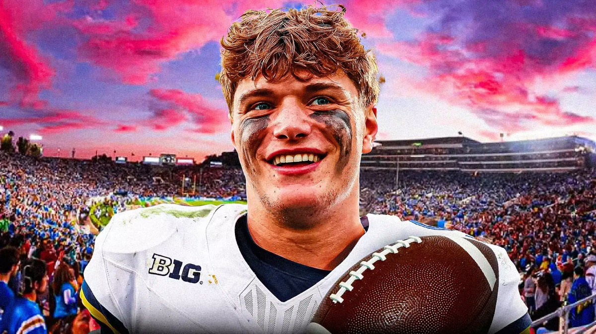 Michigan football, Alabama football, Wolverines, Crimson Tide, JJ McCarthy, JJ McCarthy in Michigan uni with Rose Bowl Stadium in the background
