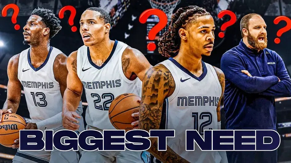 Ja Morant, Desmond Bane, Jaren Jackson Jr, Coach Taylor Jenkins all beside each other, and question marks in the background.