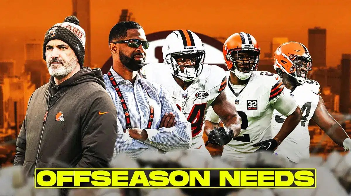 Coach Kevin Stefanski, GM Andrew Berry, Nick Chubb, Amari Cooper, Dalvin Tomlinson all beside each other, and Cleveland Browns wallpaper in the background.