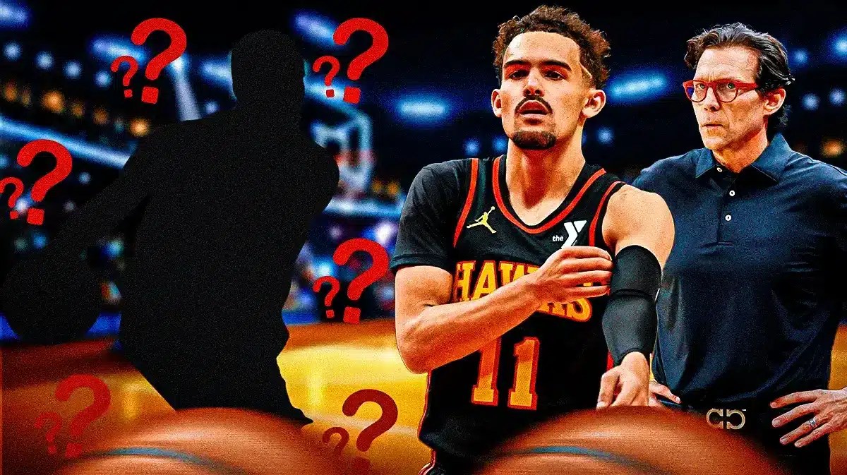A silhouette of a basketball player on one side with question marks around them, Trae Young and Quin Snyder on the other side