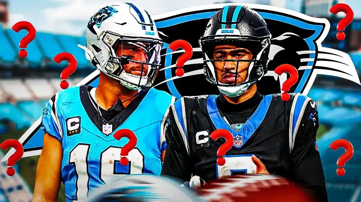 Bryce Young and Adam Thielen both in image looking stern, CAR Panthers logo in middle, a few question marks, football field in background