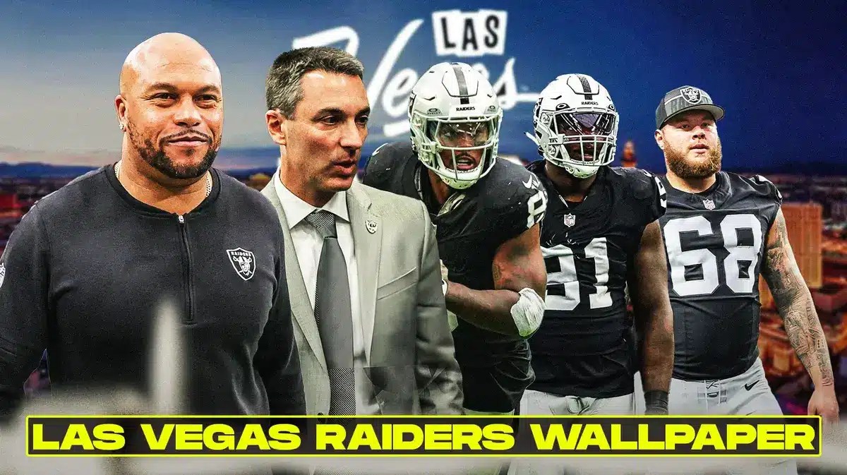Coach Antonio Pierce, GM Tom Telesco, Josh Jacobs, Bilal Nichols, Andre James all beside each other, and Las Vegas Raiders wallpaper in the background.
