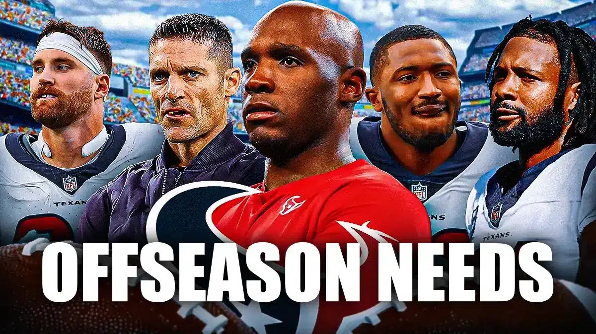 Coach DeMeco Ryans, GM Nick Caserio, Dalton Schultz, Jonathan Greenard, Steven Nelson all beside each other, and Houston Texans wallpaper in the background.