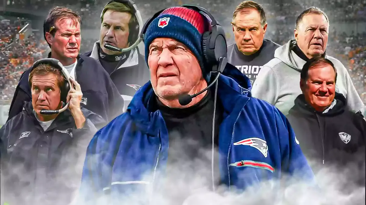 Photo: Bill Belichick in Patriots gear coaching, a couple different thumbs from over the years of him all in one photo