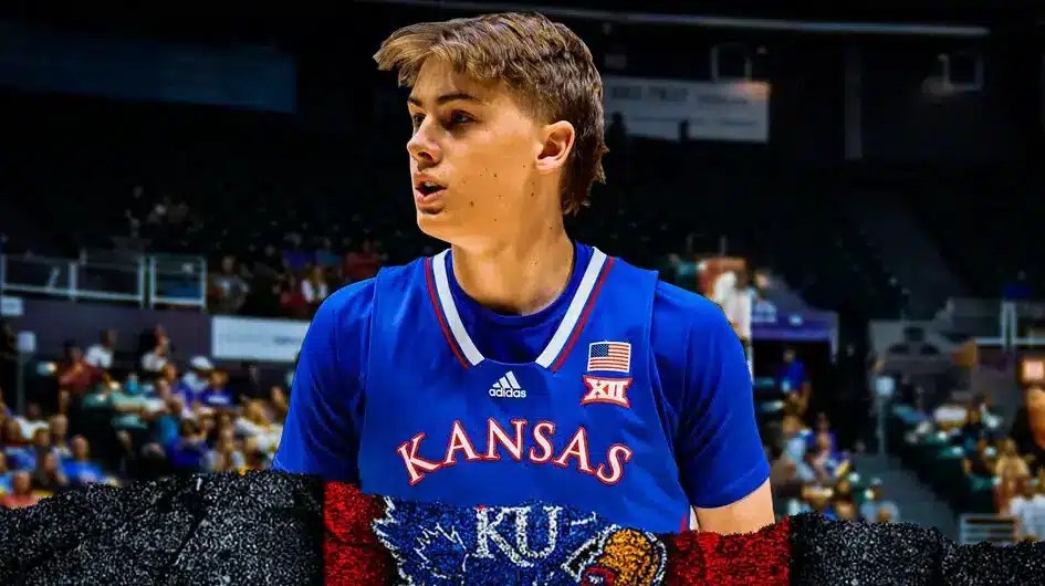 Kansas basketball, Jayhawks, Bill Self, Johnny Furphy, Cincinnati basketball, Johnny Furphy in Kansas basketball uni with Kansas basketball arena in the background