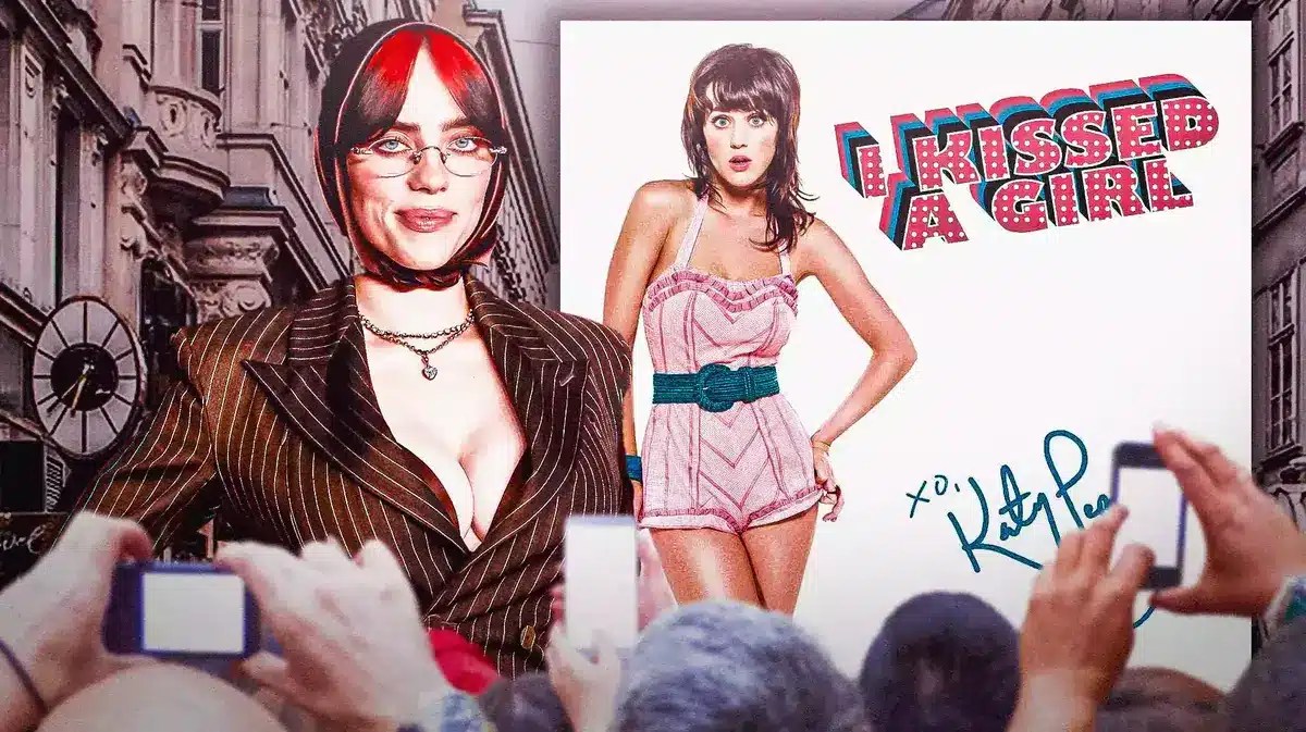 Billie Eilish next to Katy Perry 'I Kissed a Girl' album cover.