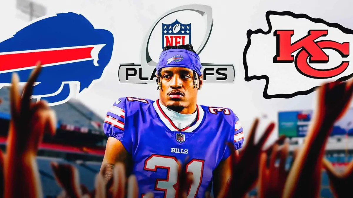 Rasul Douglas in the middle. Buffalo Bills logo on the left. Kansas City Chiefs logo on the right. NFL playoffs logo at the back