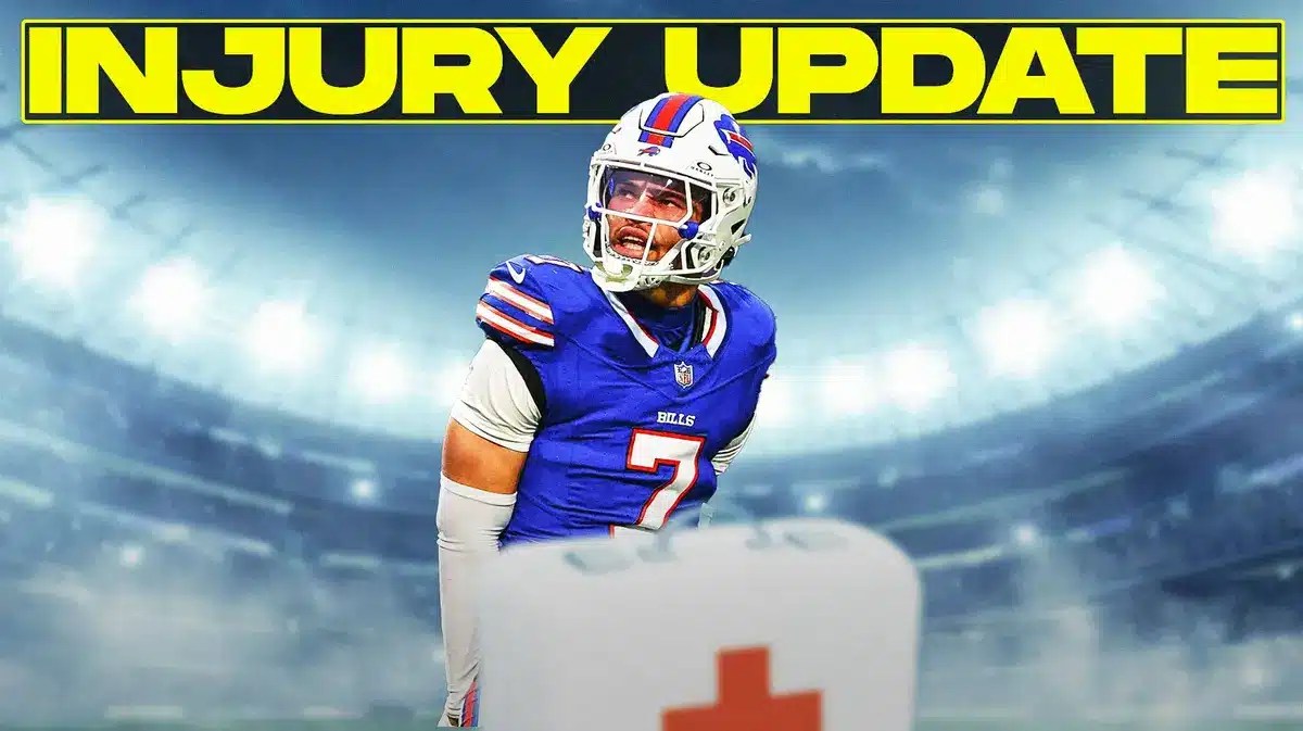 Buffalo Bills cornerback Taron Johnson with "injury update" slogan at the back