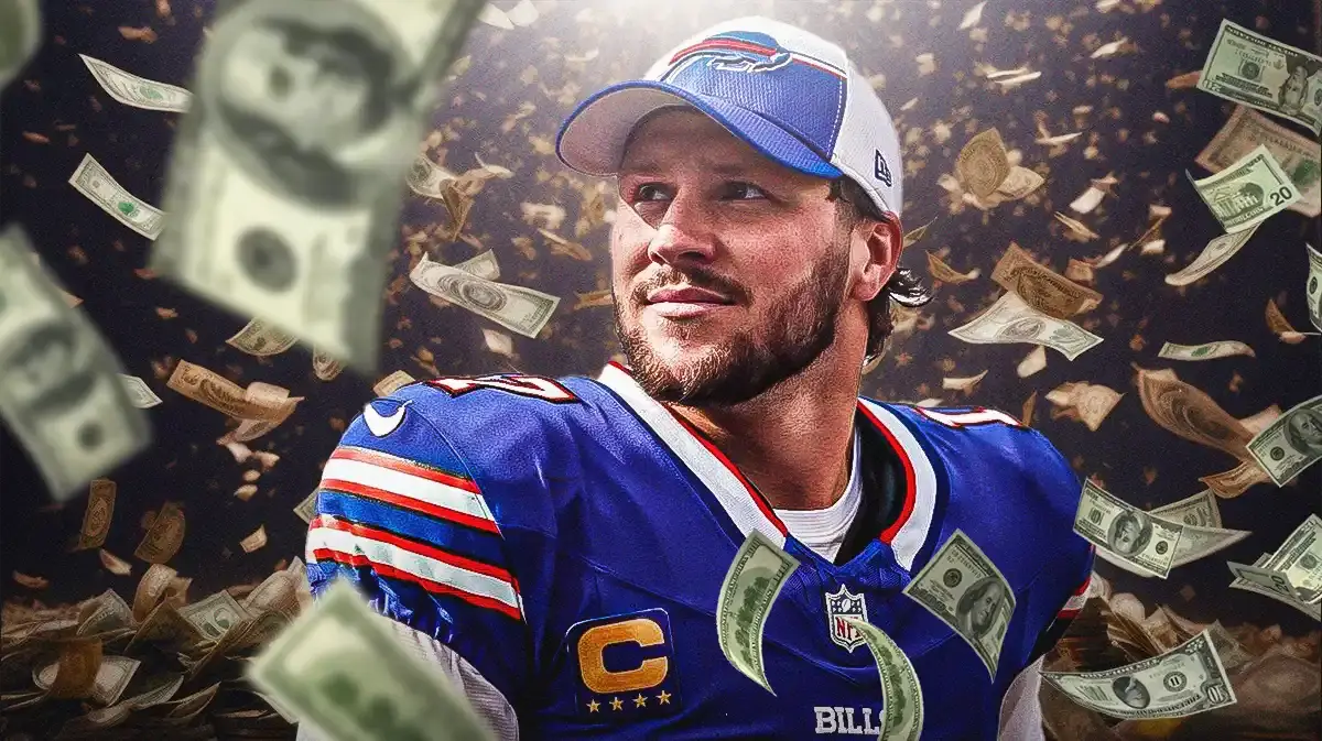 Josh Allen with dollar bills flying around