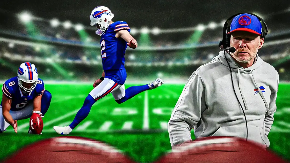 Bills' Sean McDermott looking at Bills' Tyler Bass kicking a field goal.