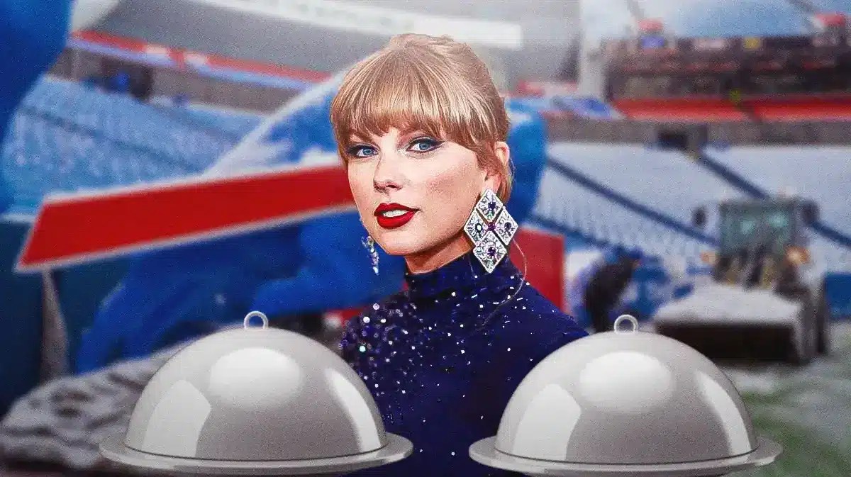 Taylor Swift with two food dishes in front of her