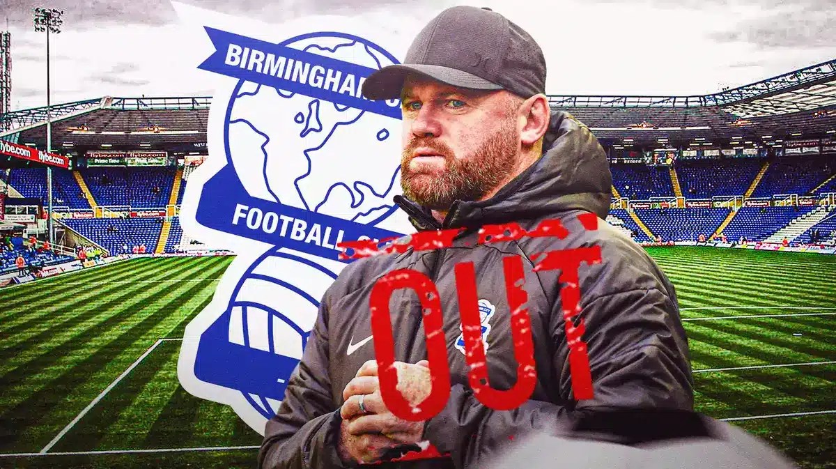 Wayne Rooney in front of the Birmingham City logo, an ‘OUT' stamp in front of him