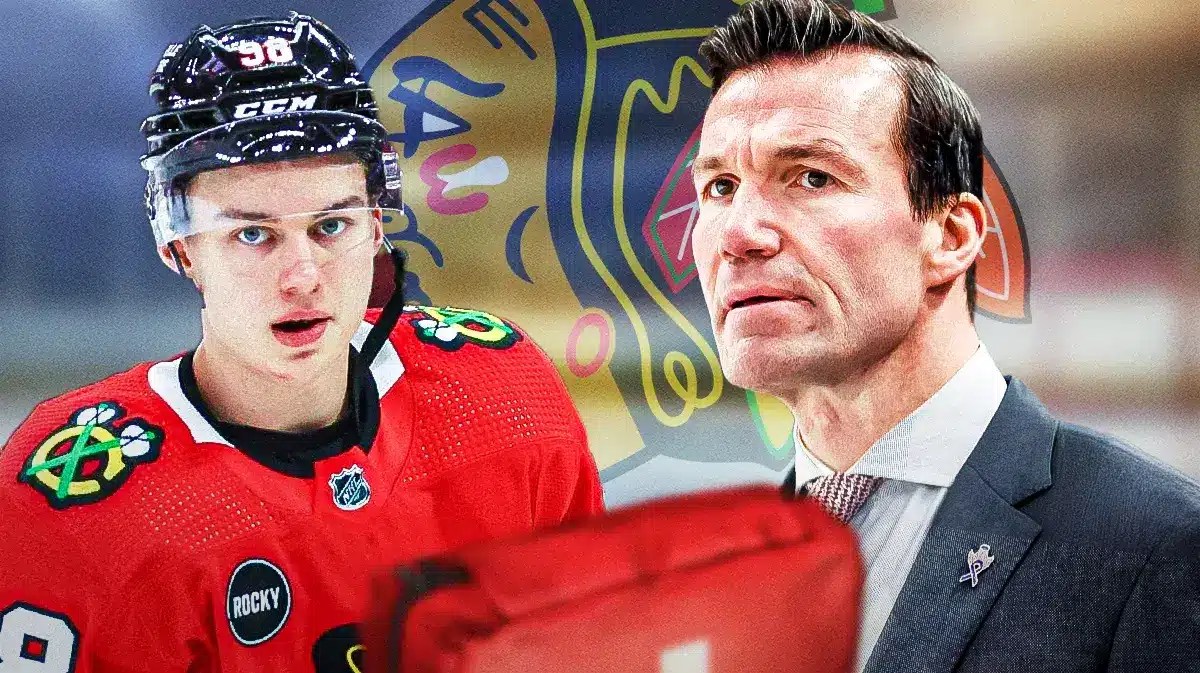 Connor Bedard in middle looking stern, first aid kit, Luke Richardson in image looking stern, CHI Blackhawks logo, hockey rink in background