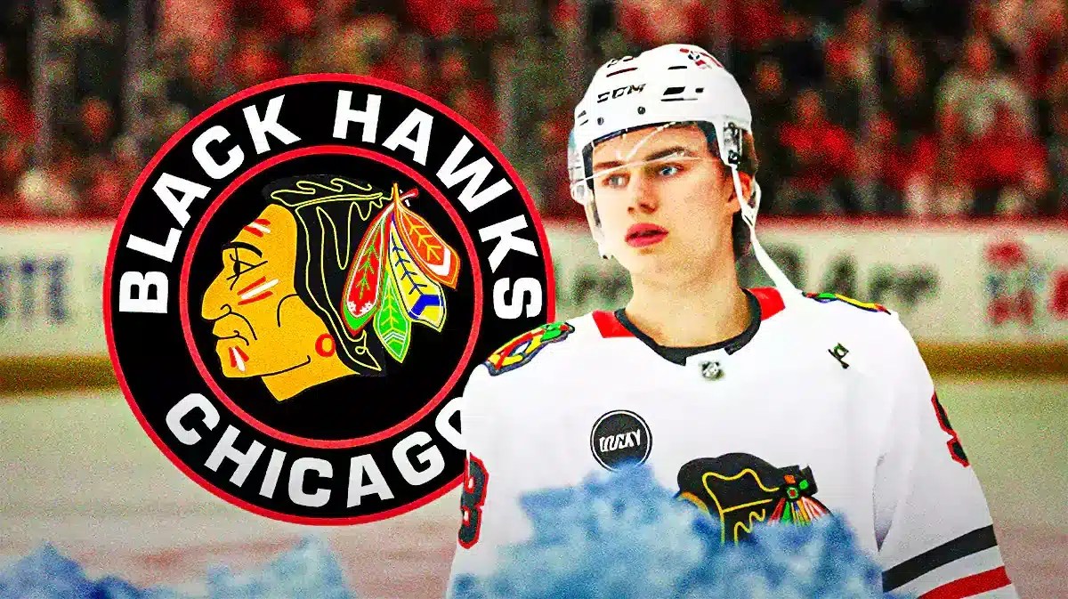 Connor Bedard looking hopeful, CHI Blackhawks logo, hockey rink in background