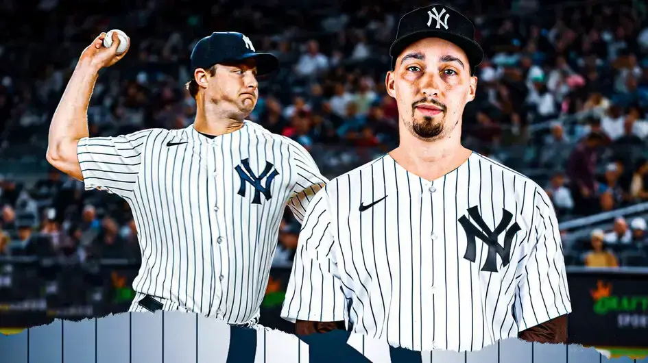 New York Yankees pitcher Gerrit Cole and an image of free agent pitcher Blake Snell photoshopped into a Yankees uniform.