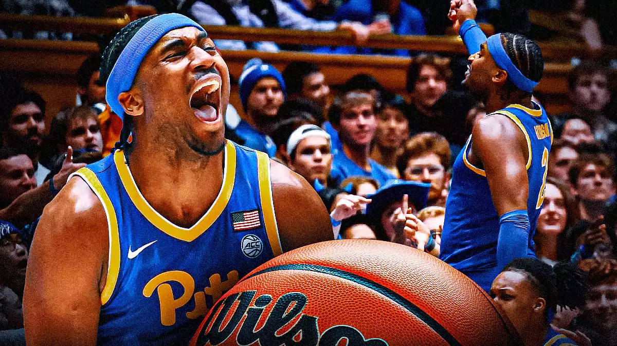 Pittsburgh basketball forward Blake Hinson screaming in joy.