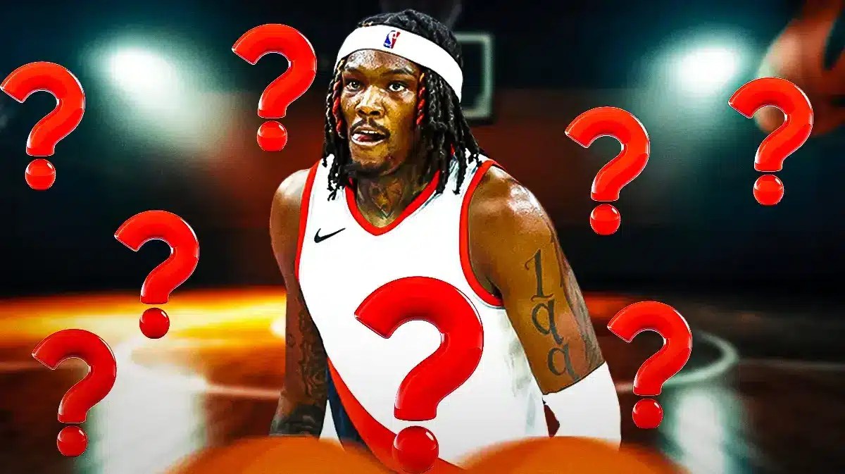 Blazers' Robert Williams III looking looking serious with a question mark on his jersey rather than any specific logo