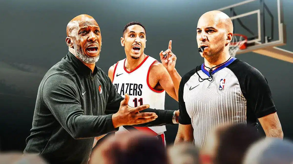 Blazers coach Chauncey Billups and Malcolm Brogdon yelling at a ref