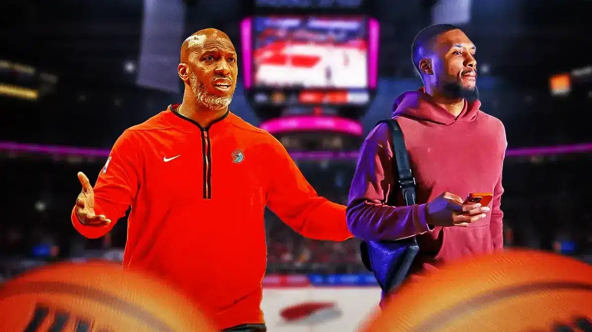 Blazers coach Chauncey Billups watches Damian Lillard walk away