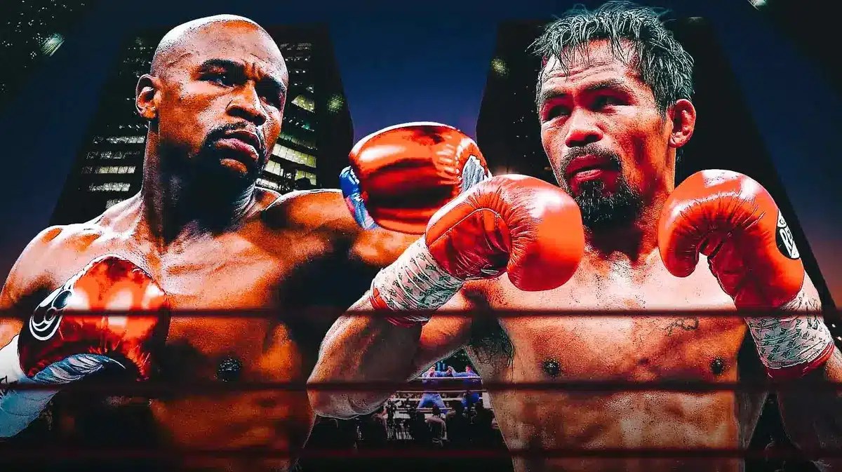 Floyd Mayweather facing off Manny Pacquiao in a boxing ring