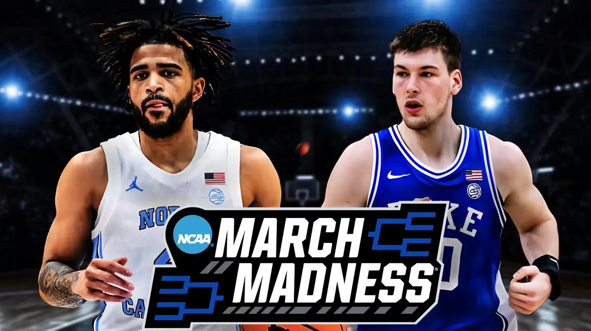 2024 NCAA Tournament Bracketology, featuring North Carolina's RJ Davis and Duke's Kyle Filipowski