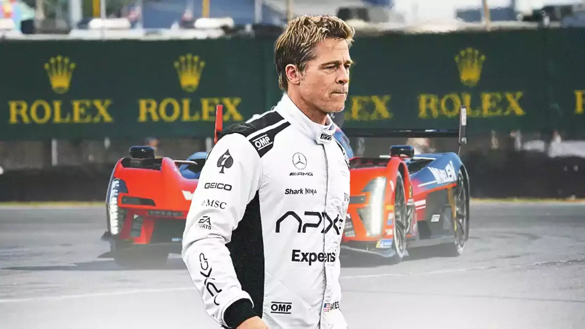 Brad Pitt in a racing suit; background Rolex 24 Daytona
