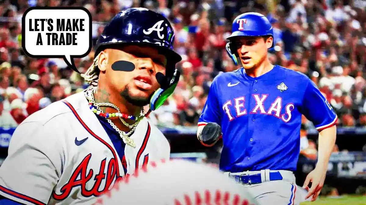 Braves' Ronald Acuna Jr saying the following: Let’s make a trade Have him saying it to Rangers' Corey Seager.