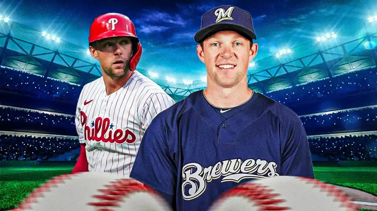 Rhys Hoskins in front in a Brewers uniform smiling. In background, Phillies' Rhys Hoskins looking upset/serious.