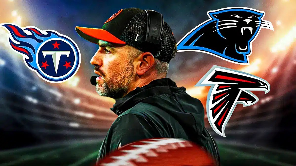 Bengals offensive coordinator Brian Callahan, surrounded by logos for Panthers, Falcons and Titans.