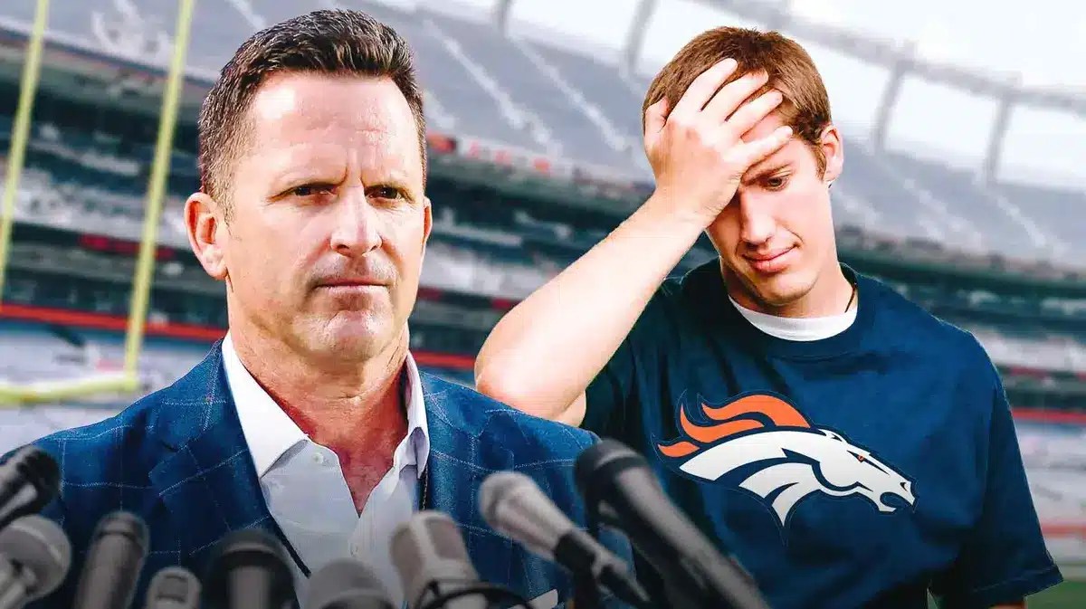George Paton next to an upset Broncos fan.