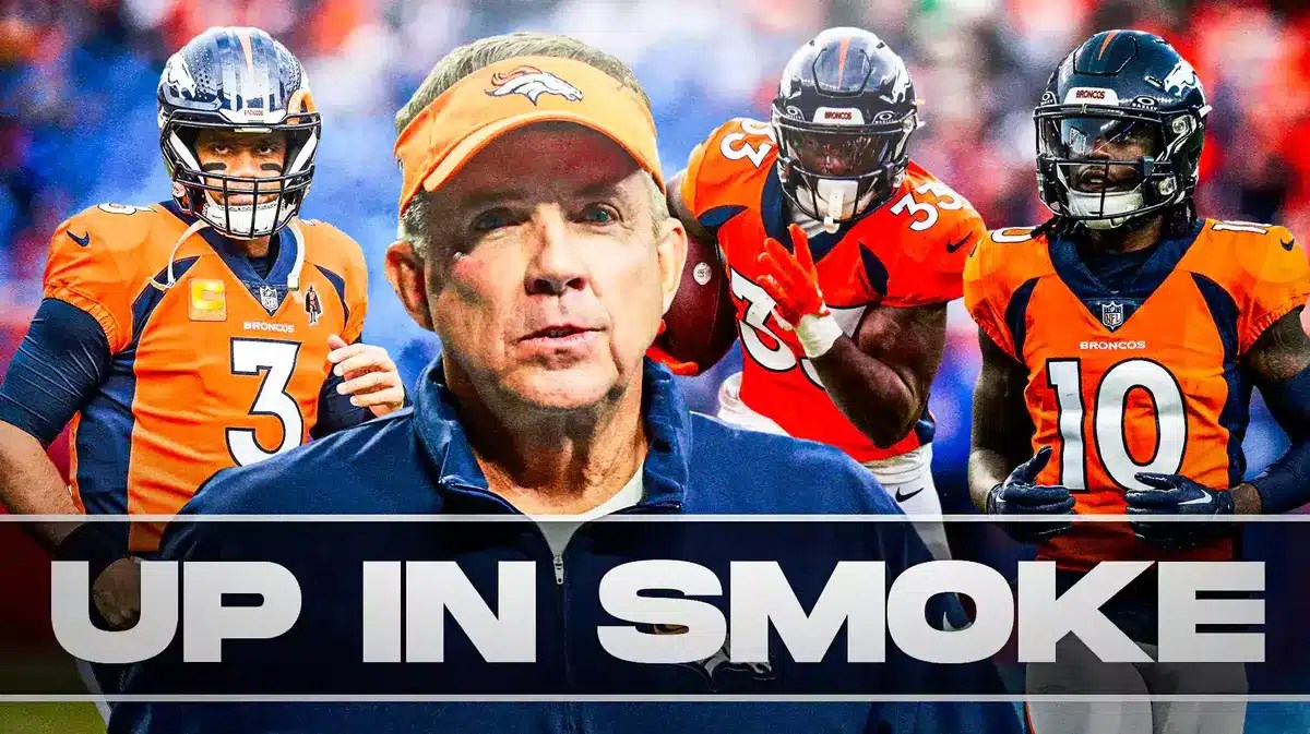 Coach Sean Payton in the middle, Russell Wilson, Jerry Jeudy, Javonte Williams around him, and smoke in the background.