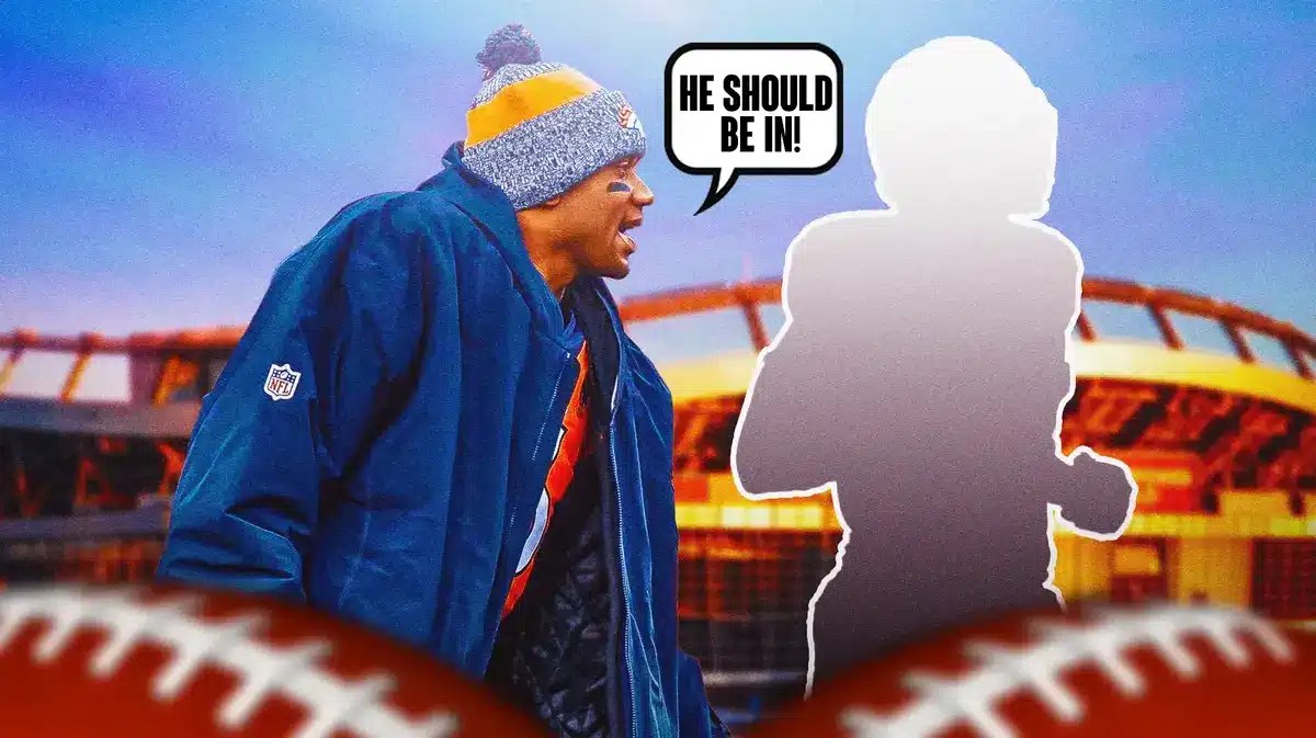 Russell Wilson (Denver Broncos) saying "He should be in!" next to silhouette of Courtland Sutton