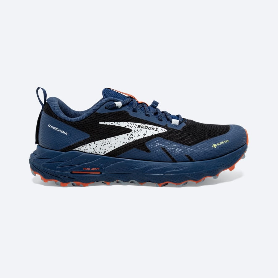 Brooks Cascadia 17 GTX - Black/Blue/Firecracker colorway on a light gray background.