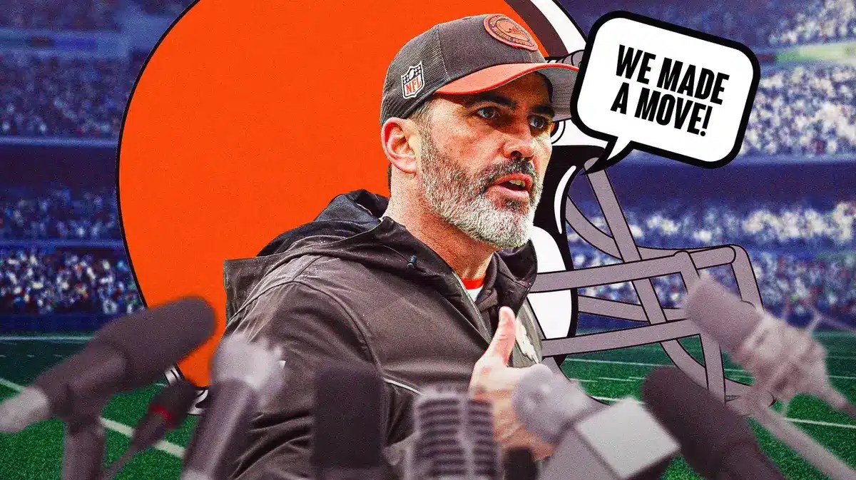 Browns' Kevin Stefanski saying the following: We made a move! Browns logo in background.