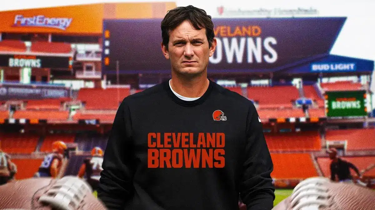 Ken Dorsey wearing Browns gear in front of Cleveland Browns Stadium