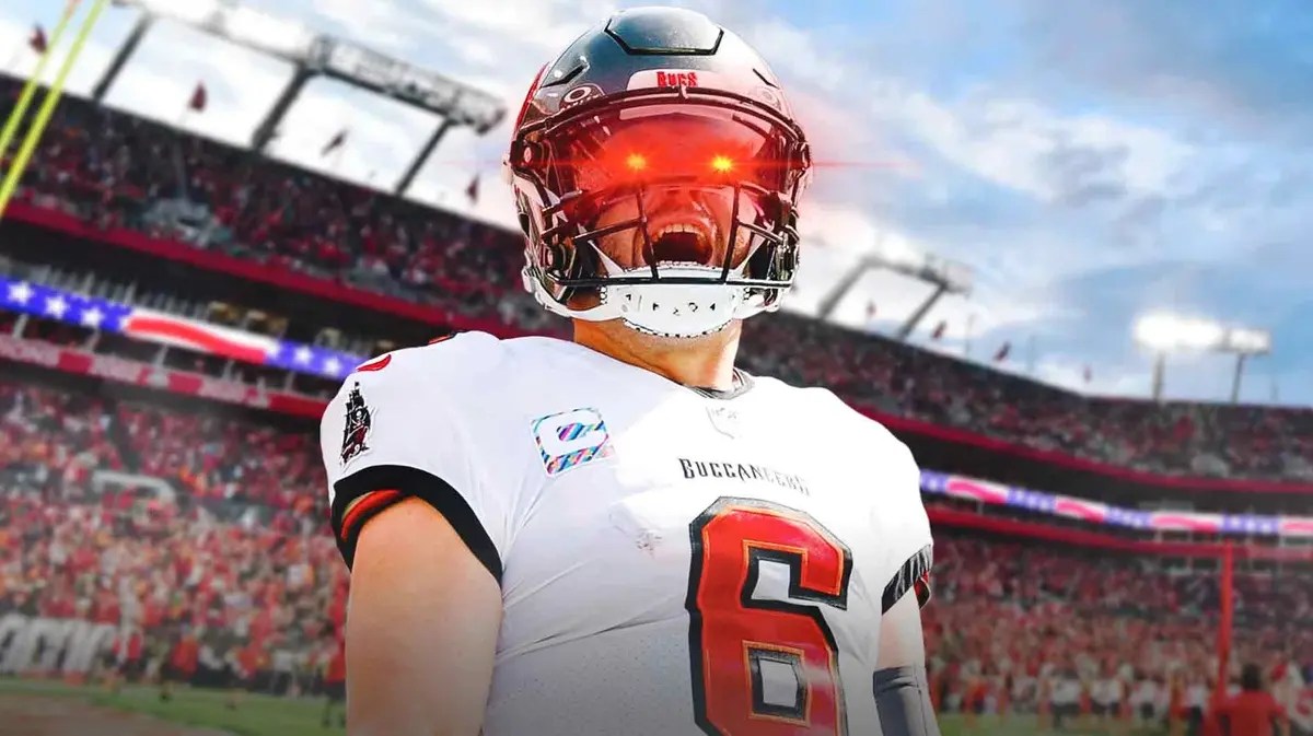 Baker Mayfield (Buccaneers) looking hyped and with woke eyes