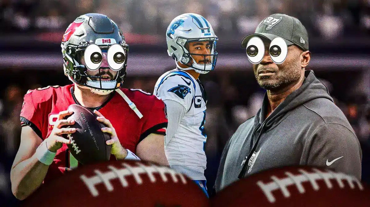 Buccaneers' Baker Mayfield and Todd Bowles looking at Panthers' Bryce Young
