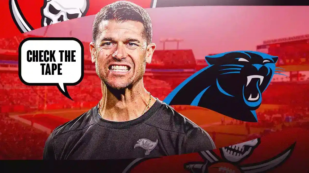Tampa Bay Buccaneers offensive coordinator Dave Canales and speech bubble “Check The Tape” and a logo of the Carolina Panthers
