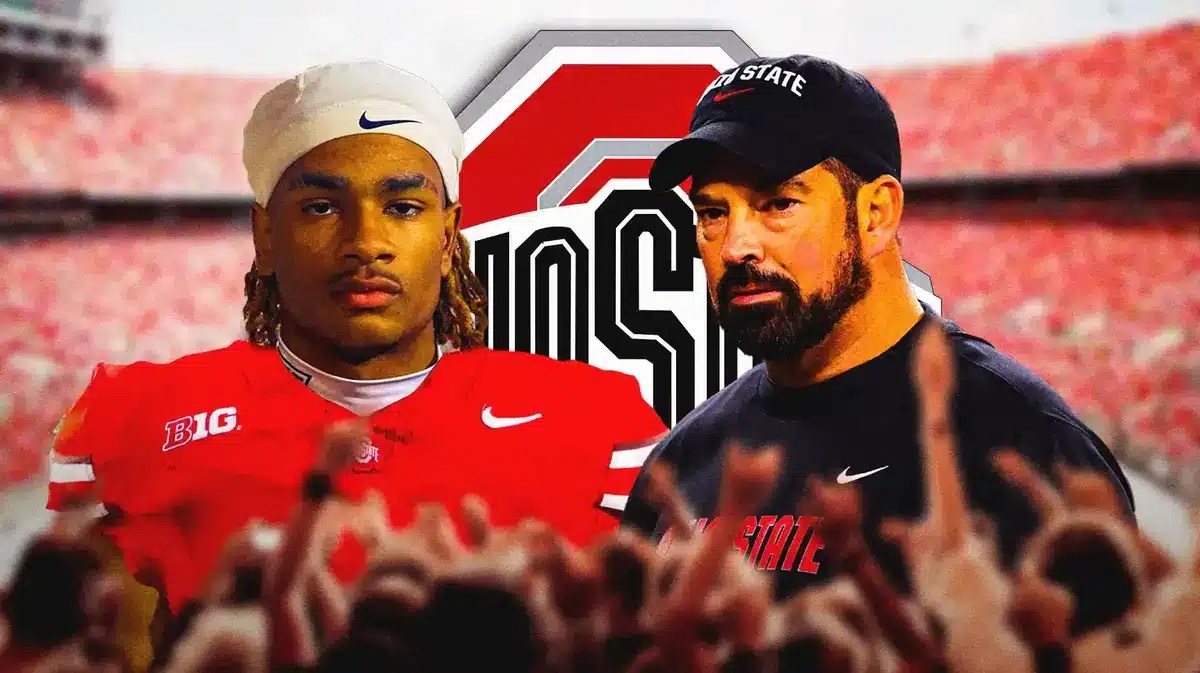 Photo: Devin Sanchez (recruit) in Ohio State jersey with Ryan Day in Ohio State gear and Ohio State logo in the background