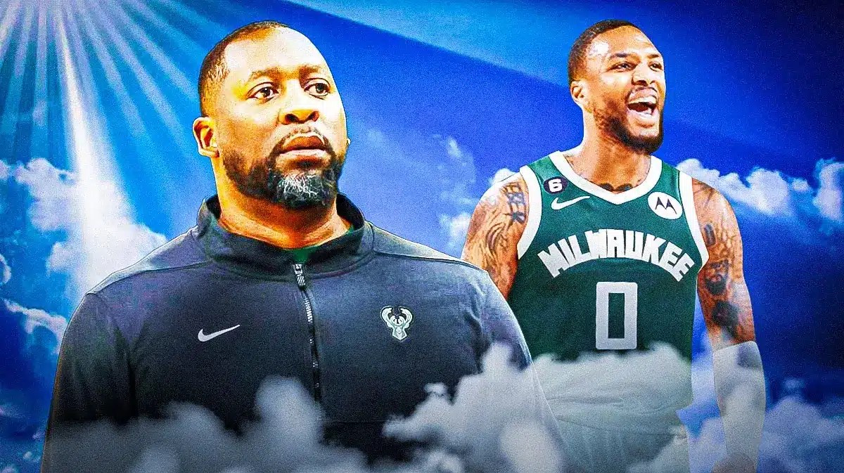 Bucks' Adrian Griffin smiling, with the heaven effect on Damian Lillard beside him