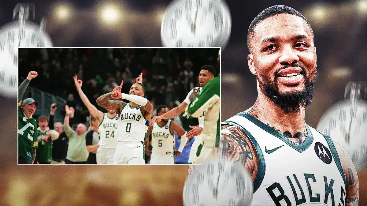 Bucks' Damian Lillard hyped up, with the Dame Time picture beside him, clocks falling from the sky