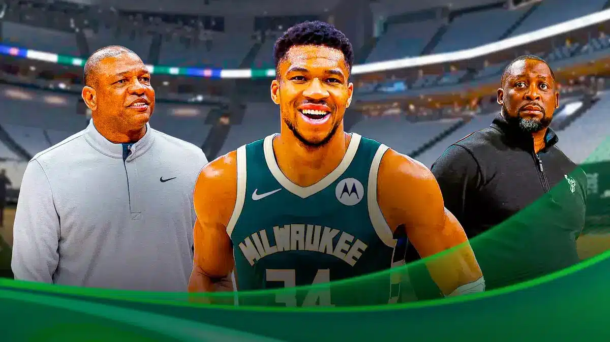 Bucks' Giannis Antetokounmpo hyped up, with Doc Rivers smiling and Adrian Griffin looking sad