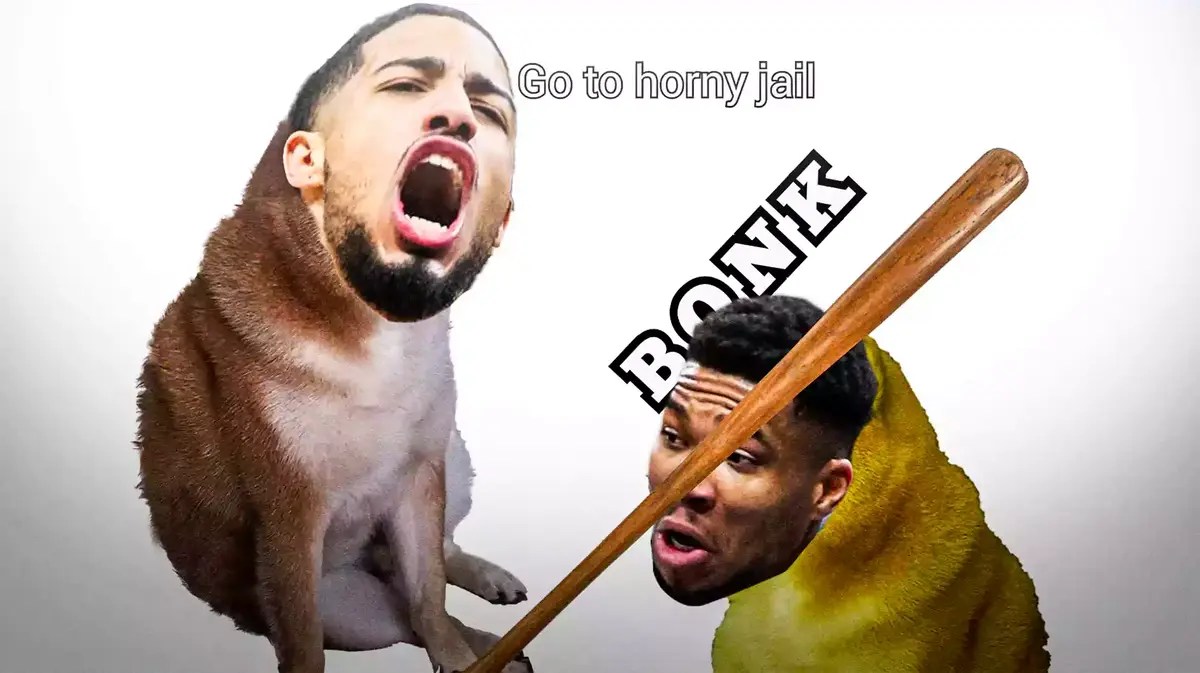 cers' Tyrese Haliburton hitting Bucks' Giannis Antetokounmpo with the stick in the horny police bonk meme