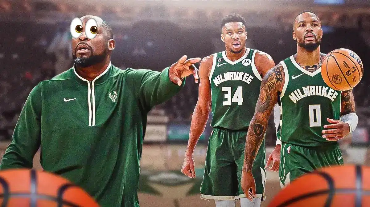 Giannis Antetokounmpo and Damian Lillard on one side, Adrian Griffin on the other side with the big eyes emoji over his face