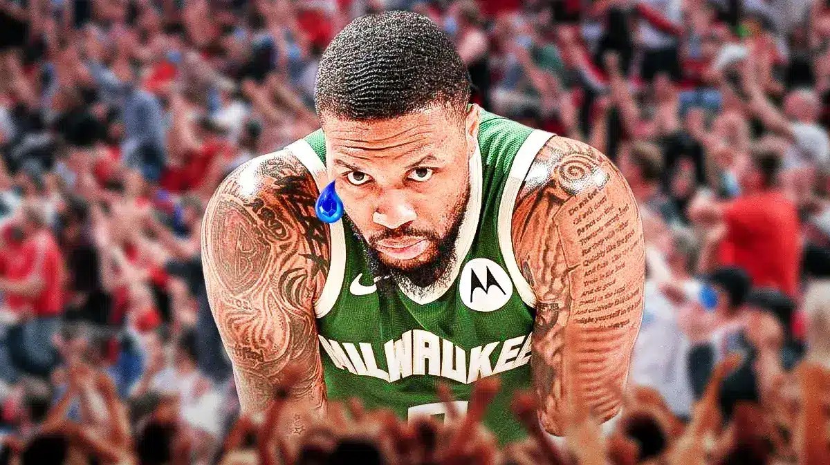 Damian Lillard in a Bucks jersey crying in front of Blazers fans