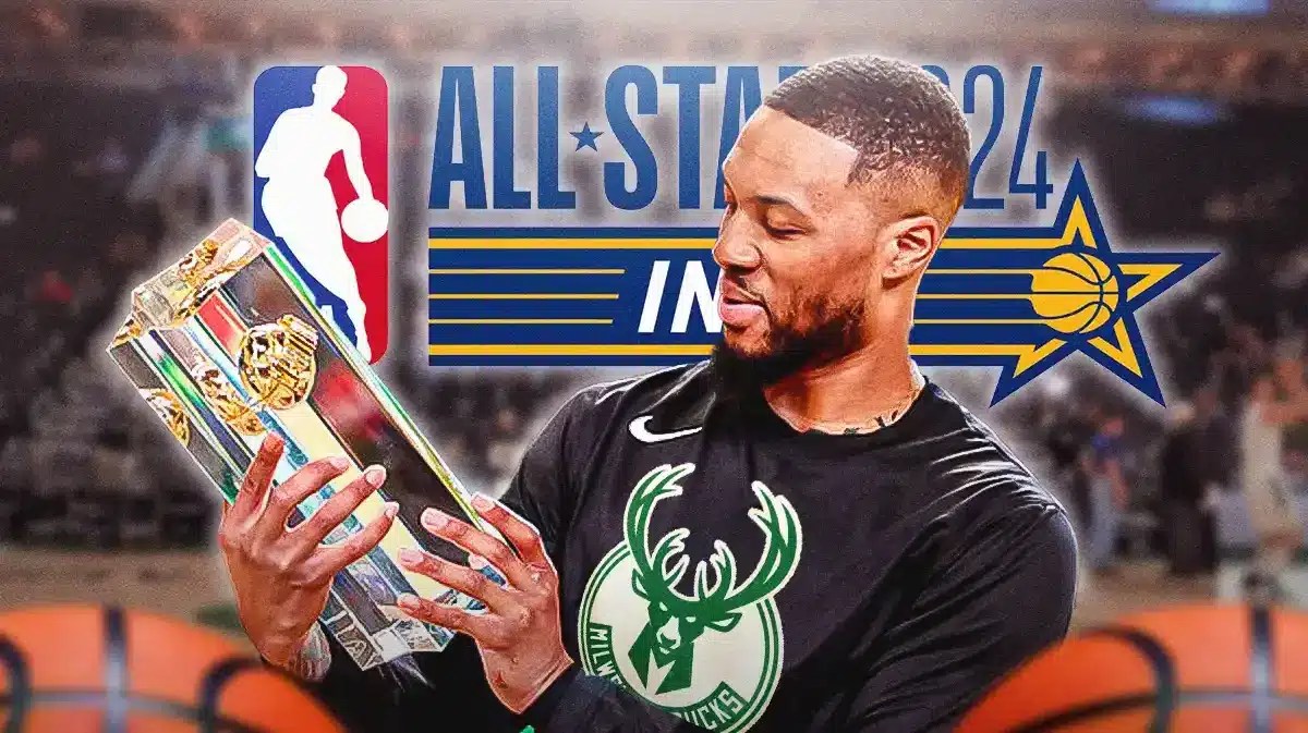 Bucks' Damian Lillard holding 3-point contest trophy