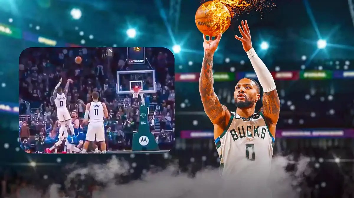 action shot of Damian Lillard (Bucks) shooting and on fire