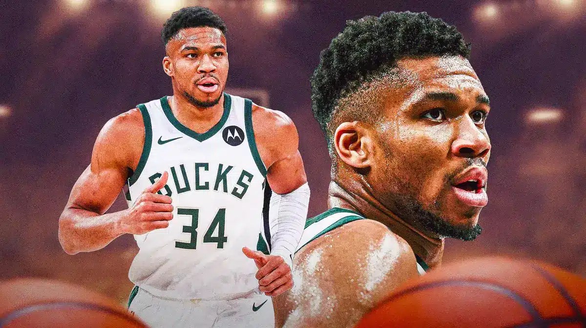 Milwaukee Bucks star Giannis Antetokounmpo in front of the Fiserv Forum.