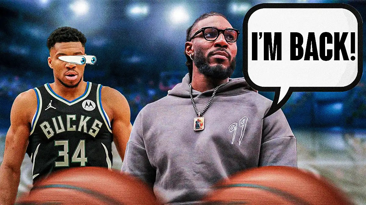 Bucks' Jae Crowder saing "I'm back" and Giannis looking at him with big eyes